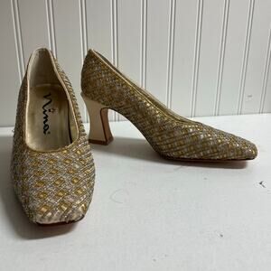 1990s Vintage Nina 5 kitten heel shoe beaded gold silver cream Victorian formal